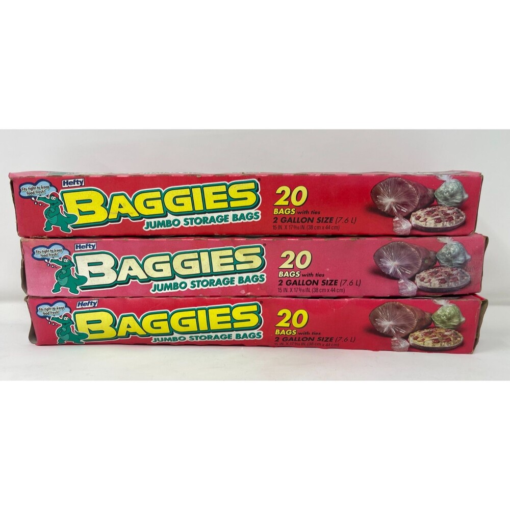 3x VINTAGE Hefty Baggies 20 Jumbo Storage Bags With Ties ~2 GALLON~ Size NOS